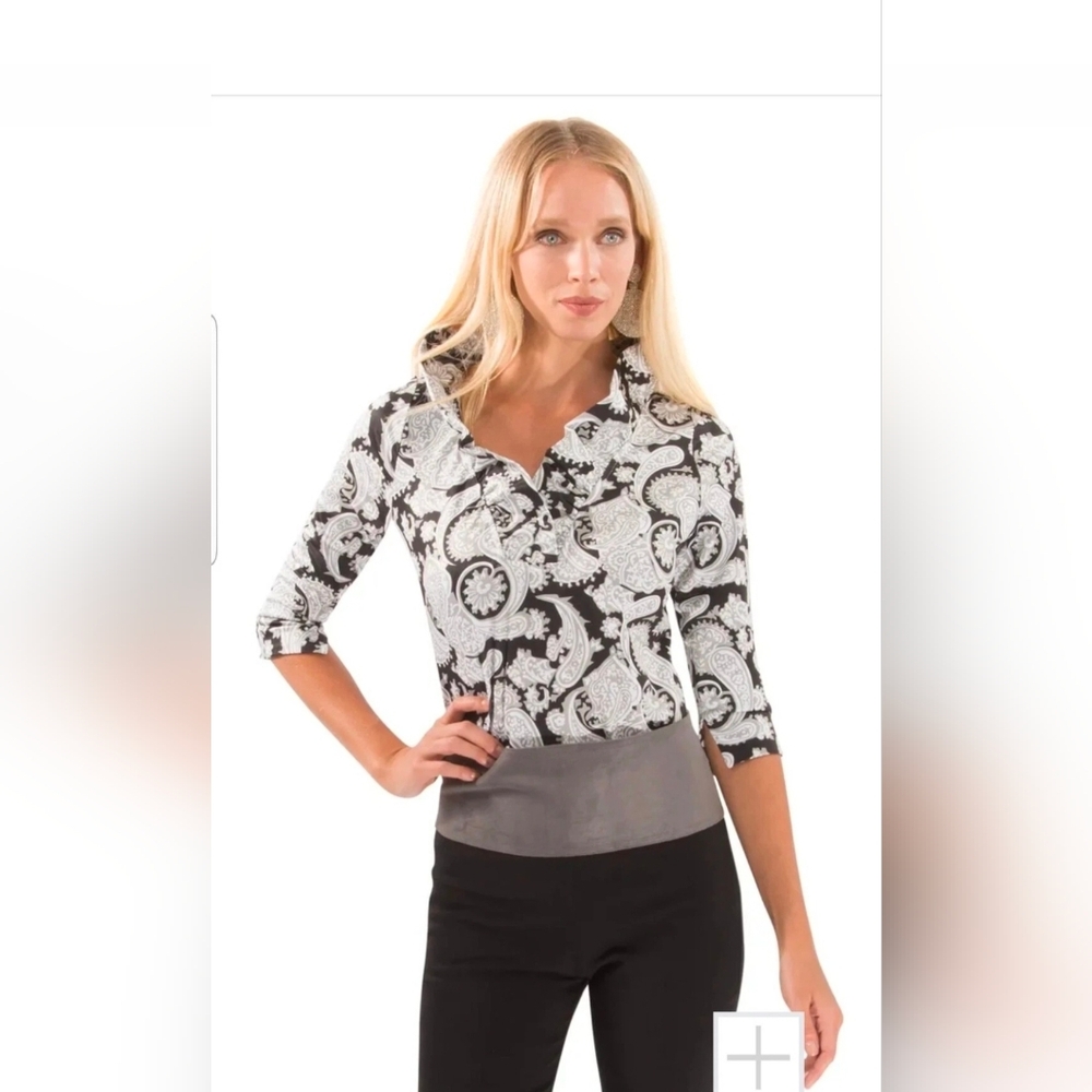 Gretchen Scott Women's Top Signature Jersey Ruffle Neck Gray/White  Paisley XXS